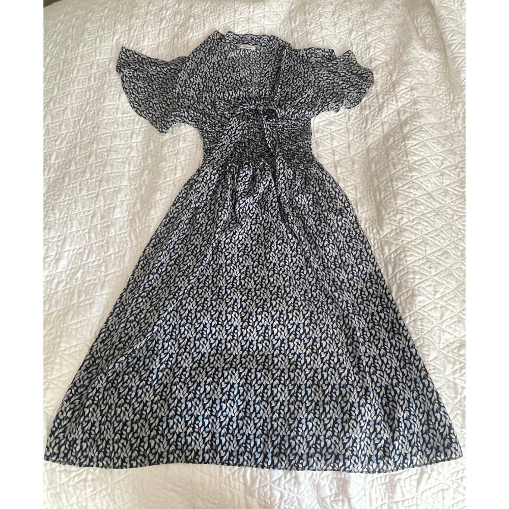 Max Studio Midi Dress Blue Floral Smocked Tie Front Flutter Sleeve Size Med